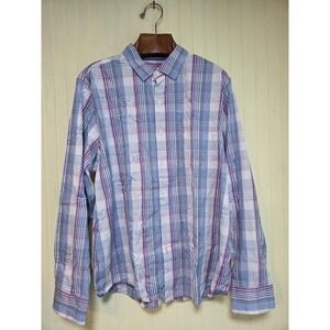 Tommy Bahama Shirt Mens XL Blue Red Plaid Long Sleeve Button Front Cotton Silk